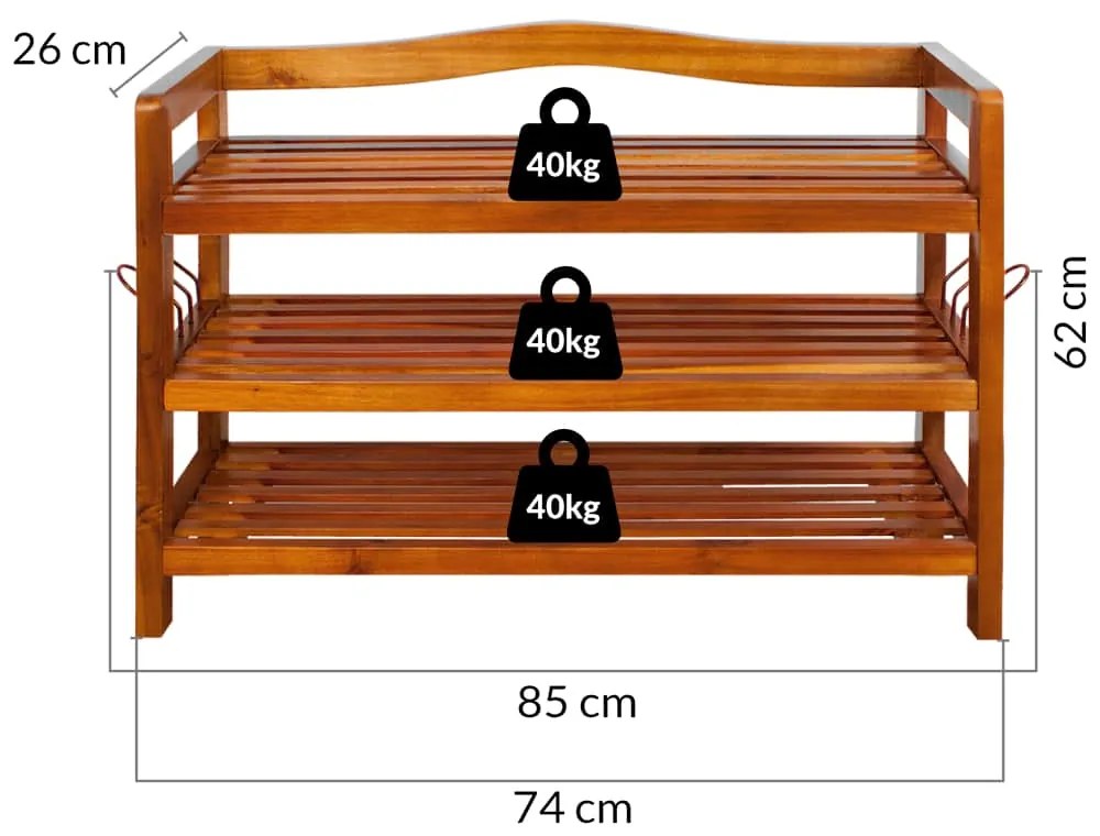 Sapateira em madeira de acácia com 3 prateleiras 85 x 26 x 62 cm Castanho