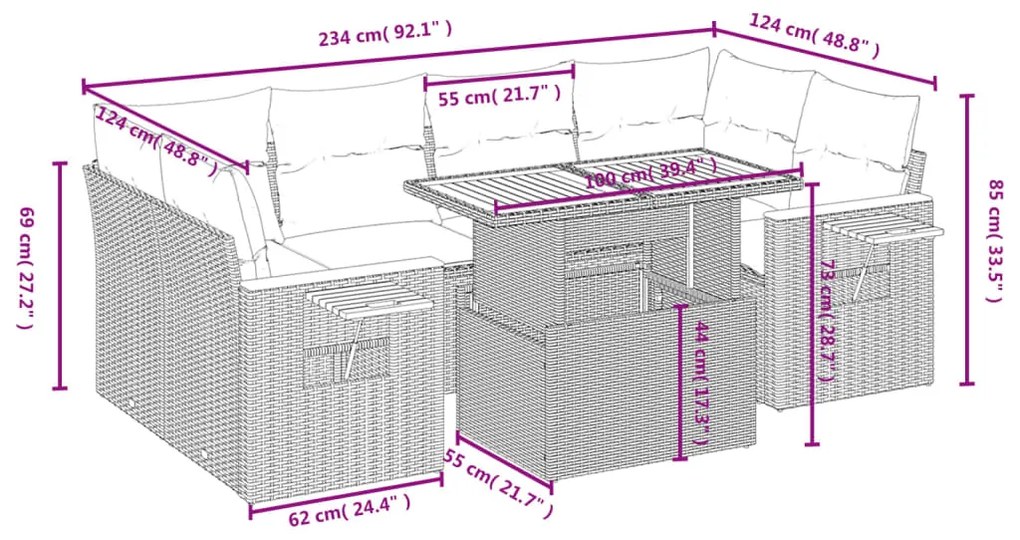 7 pcs conjunto de sofás p/ jardim com almofadões vime PE bege