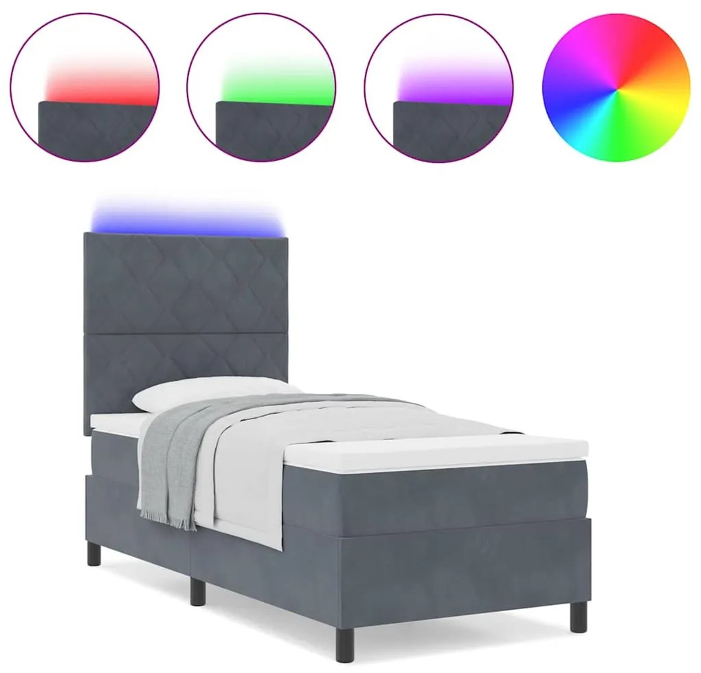 Cama Box Spring vidaXL com Colchão e LED Cinza Escuro 90x190 cm Veludo