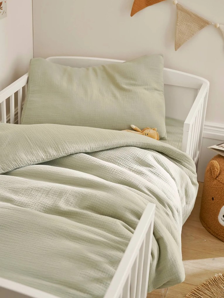 Conjunto de capa de edredon + fronha de almofada, em gaze de algodão Bio*, para bebé verde-salva