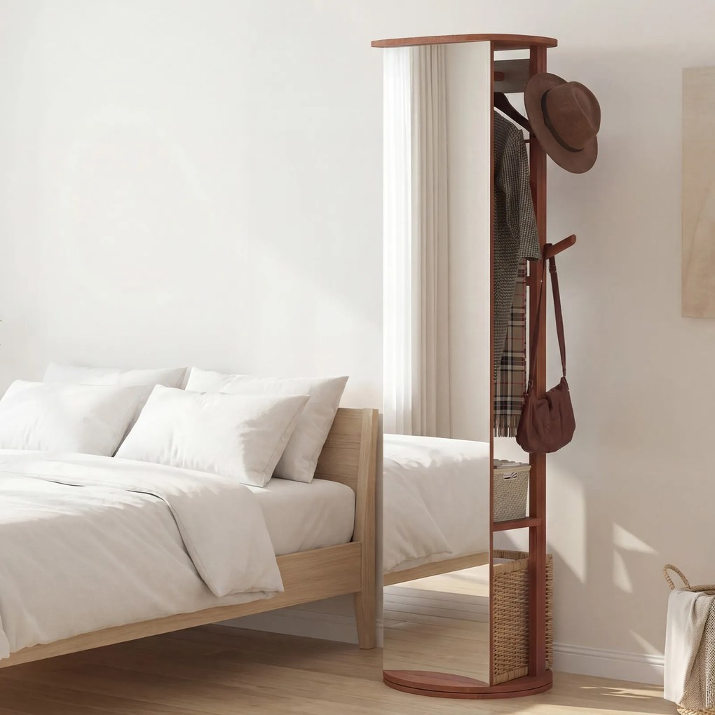 Espelho giratório 3 em 1 com cabideiro, estantes e ganchos – organizador para quarto – 44 x 168 cm – Castanho