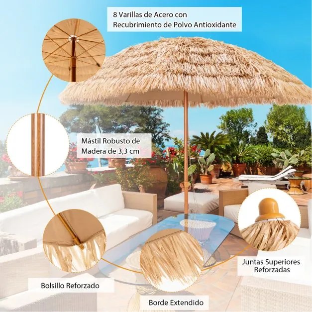 Guarda-sol de imitação palha havaiano Tiki 205 cm com 8 costelas metálicas de topo 7 níveis Portátil para Praia jardim Piscina Natural