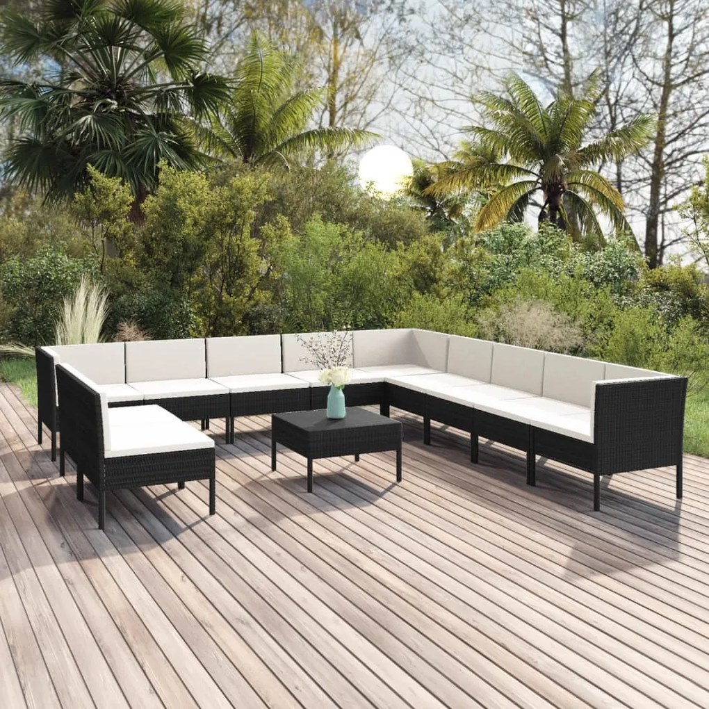 vidaXL 12 pcs conjunto lounge de jardim c/ almofadões vime PE preto