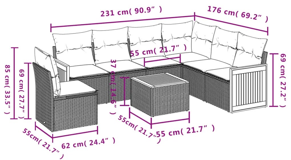 7 pcs conjunto sofás p/ jardim c/ almofadões vime PE cinzento