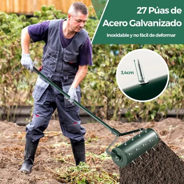 Rolo para relva com arejador de relva com rodas de 44 cm Cabo amovível de 128 cm e dentes para jardim e pátio Fácil de montar Verde