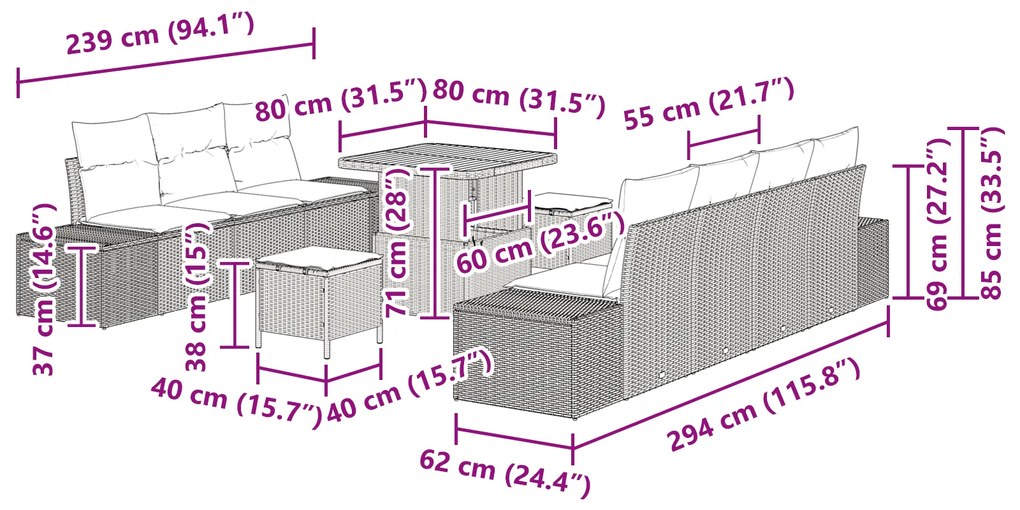 Conjunto de Sofá de Jardim de 10 Peças com Almofadas Poly Rattan Preto