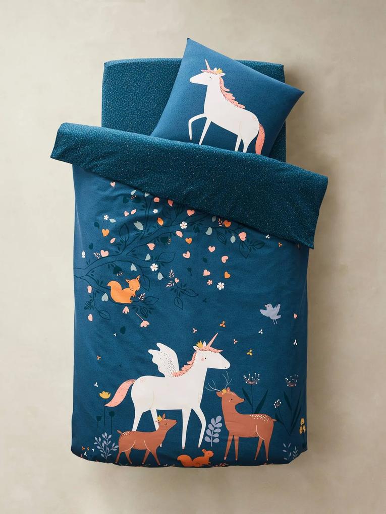 Conjunto capa de edredon + fronha de almofada para criança, tema Floresta Encantada azul escuro liso com motivo