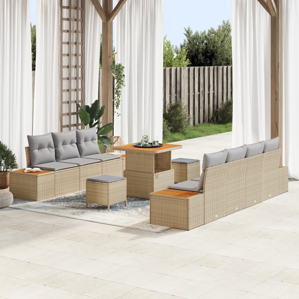 Conjunto de Sofá de Jardim vidaXL 10 peças com Almofadas Bege Rattan A