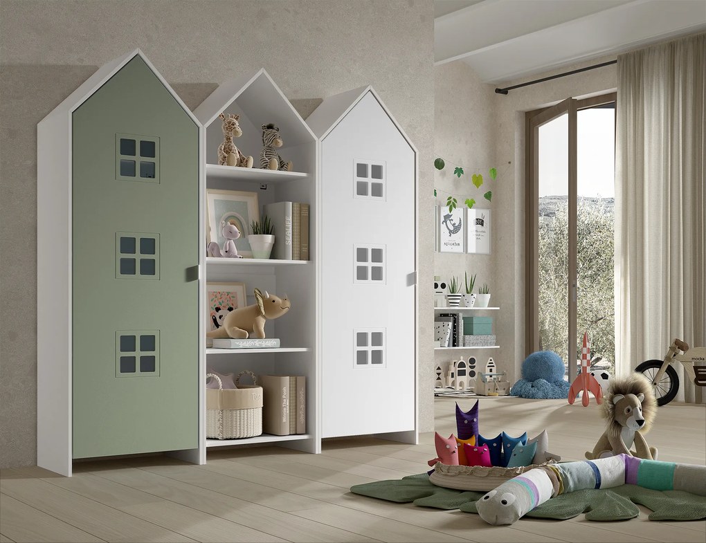 Conjunto 2 armarios Guarda Roupa infantil + estante infantil coleção CASAMI Branca e Verde