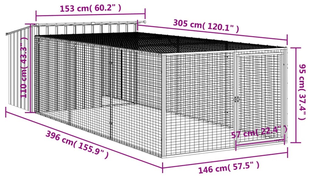 Casota p/ cães c/ parque 153x396x110 cm aço galvaniz. antracite