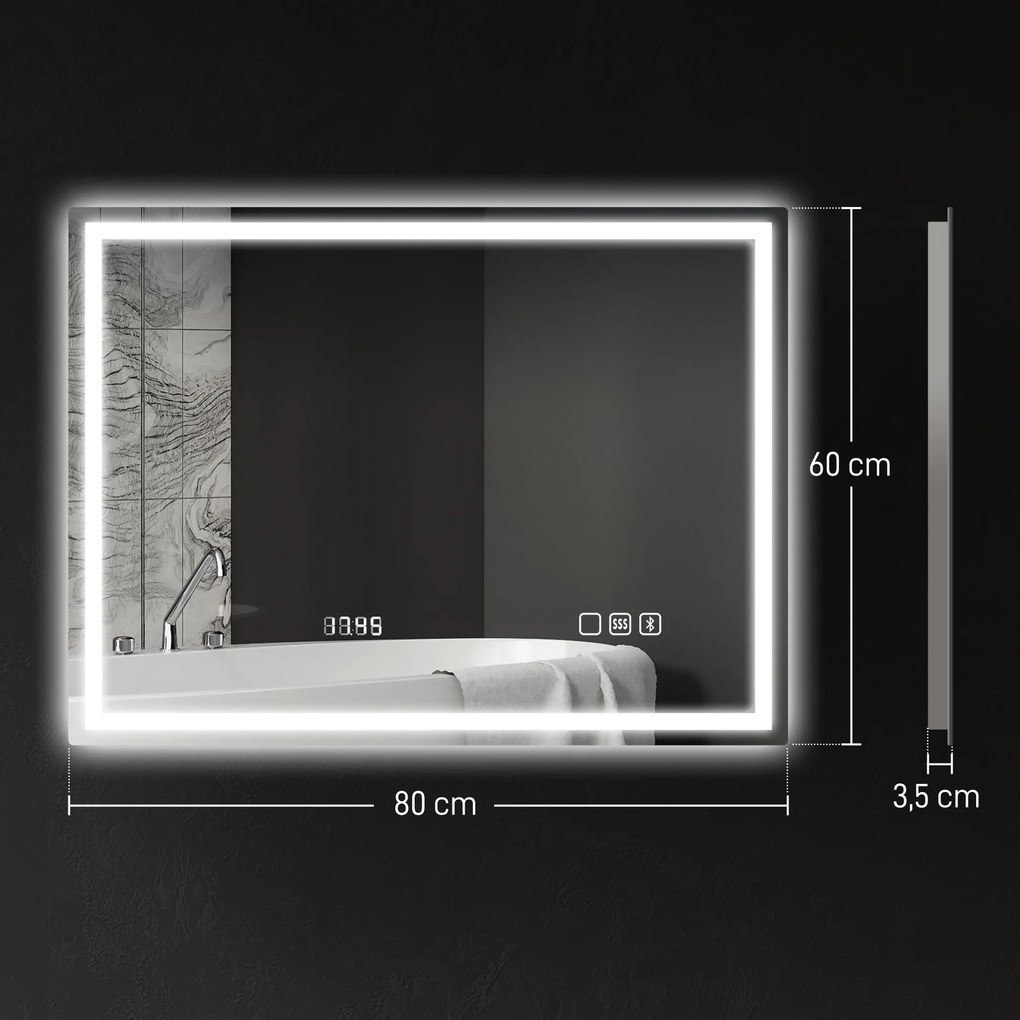 Espelho de casa de banho com LED e Bluetooth, 60 x 80 cm, interruptor tátil, iluminação regulável, 3 cores, antiembaciamento, memória, prateado