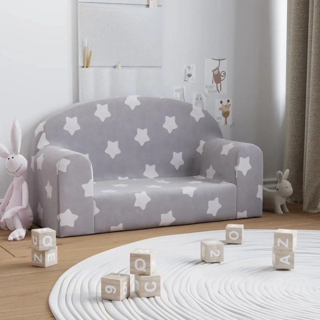 341791 vidaXL Sofá infantil de 2 lugares c/ estrelas pelúcia cinzento-claro