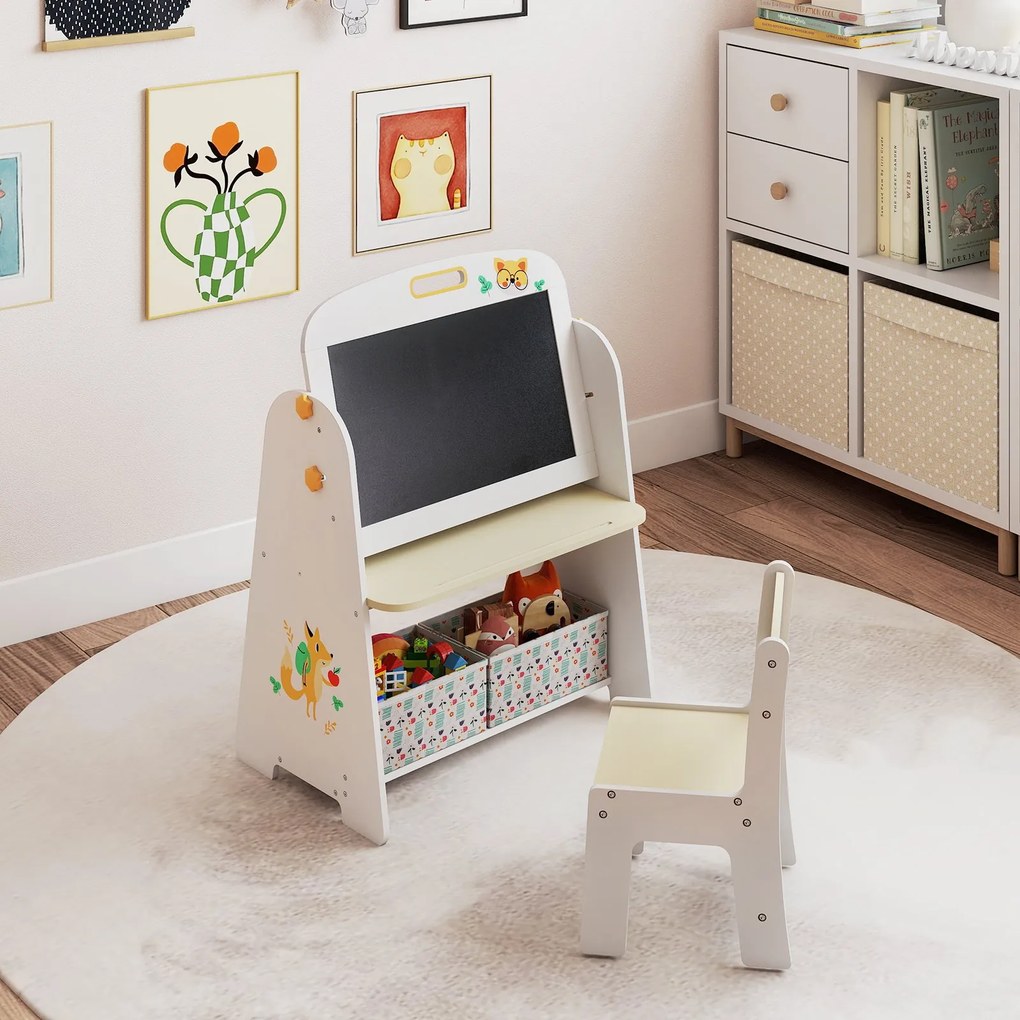 Conjunto de mesa e cadeira para crianças com quadro branco magnético e Quadro de giz Branco e natural