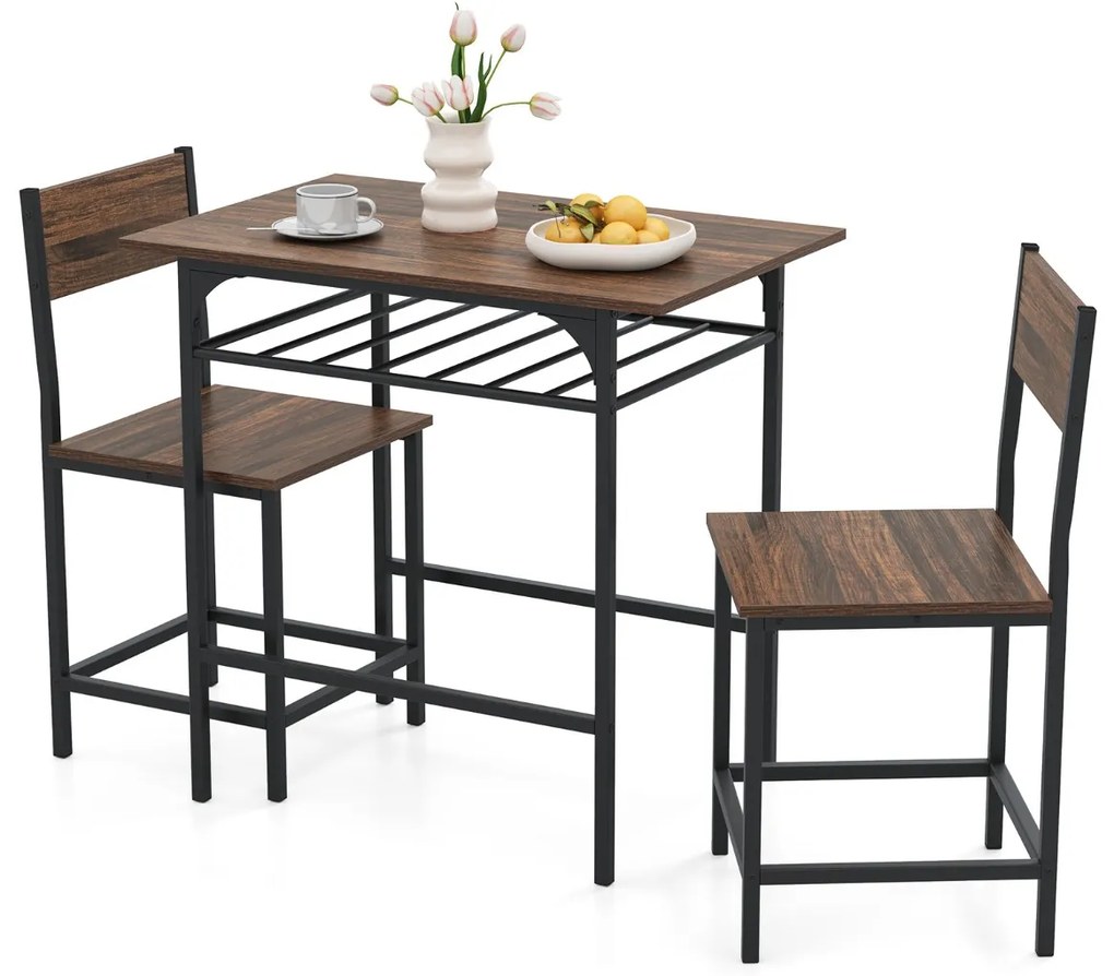Conjunto de mesa de jantar com 2 cadeiras com prateleira aberta, estrutura metálica castanho