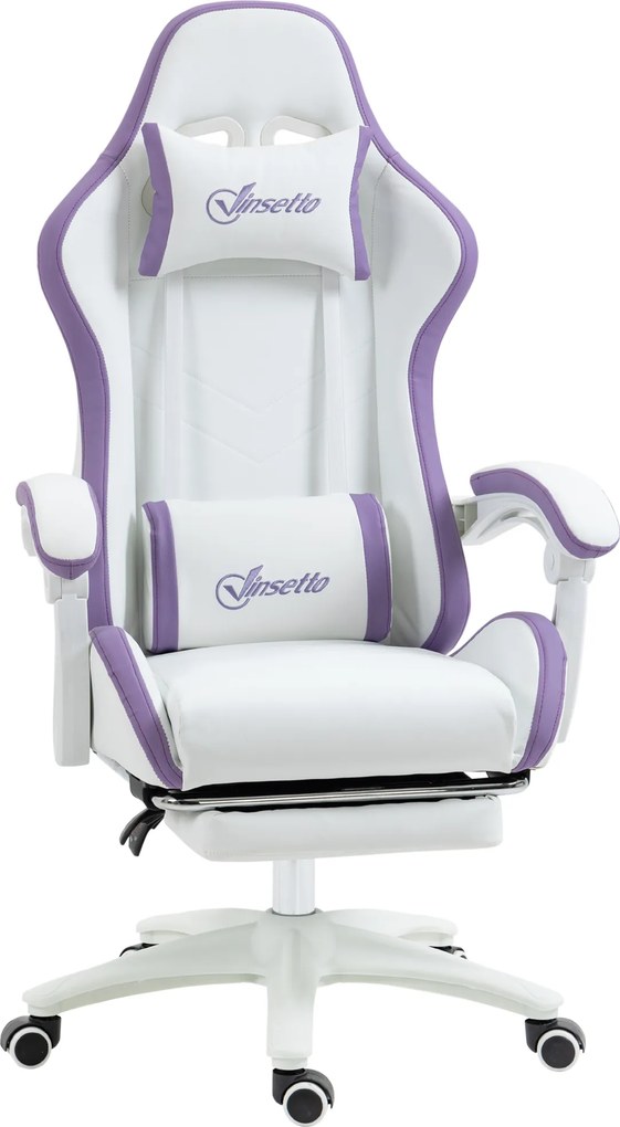 Vinsetto Cadeira Gamer de Couro PU com Altura Ajustável Reclinável 135° e Apoio para os Pés Retrátil 65x65x121-129 cm Branco e Roxo | Aosom Portugal