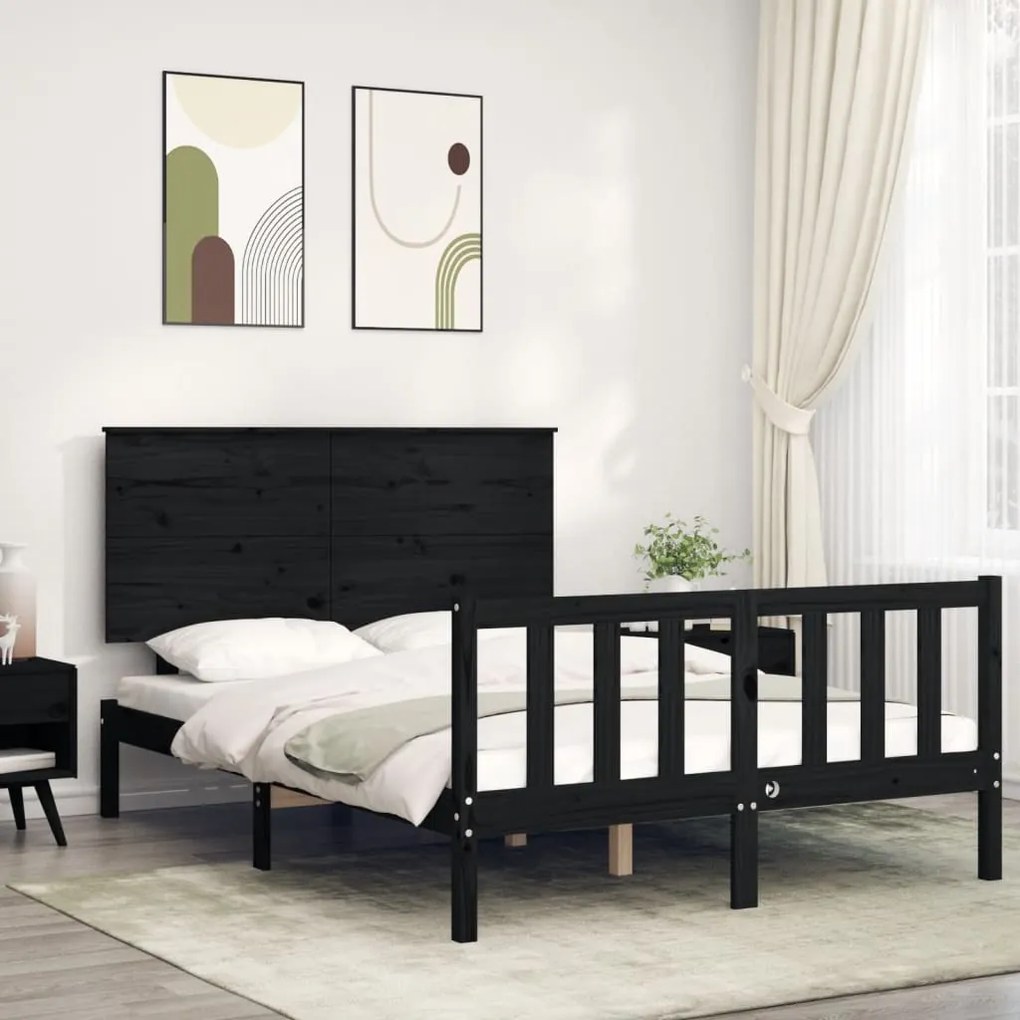 Estrutura de cama de casal com cabeceira madeira maciça preto