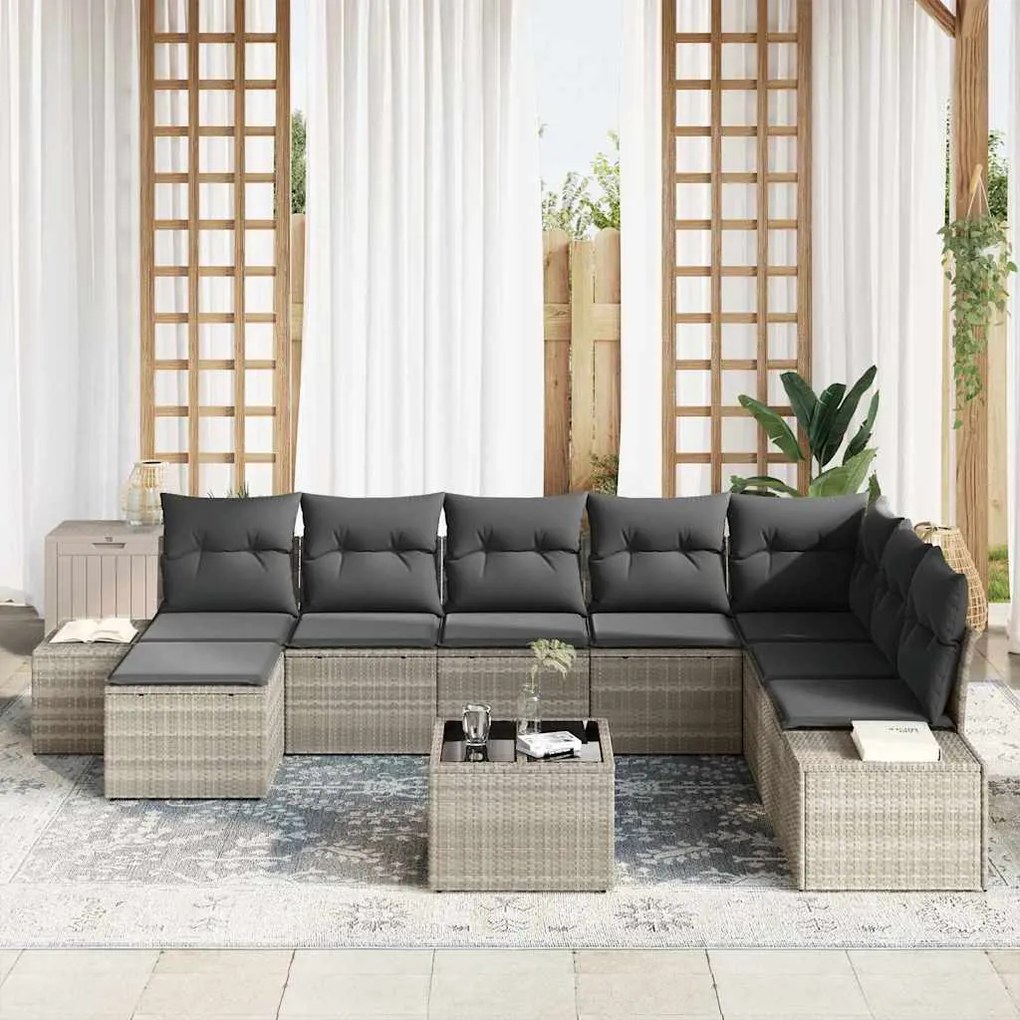 Conjunto de Sofá de Jardim com 9 Peças e Almofadas Cinza em Rattan Pol