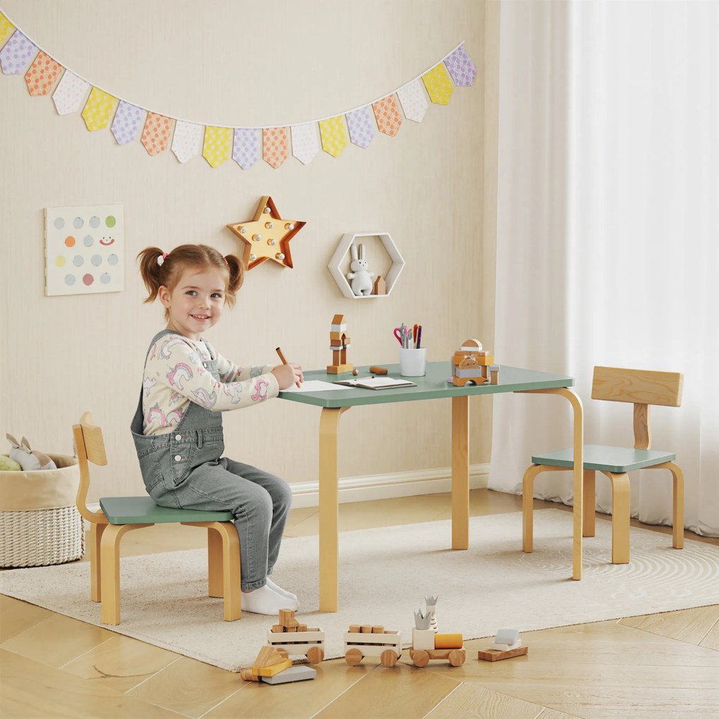 Mesa infantil com cadeiras, conjunto composto por uma mesa e duas cadeiras infantis de madeira para desenhar, brincar e estudar, 78 x 53 x 53 cm, verd