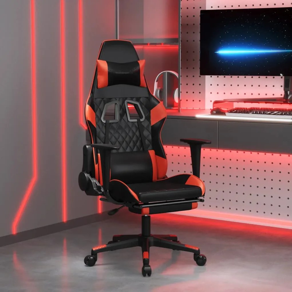 vidaXL Cadeira gaming c/ apoio pés couro artificial preto e vermelho