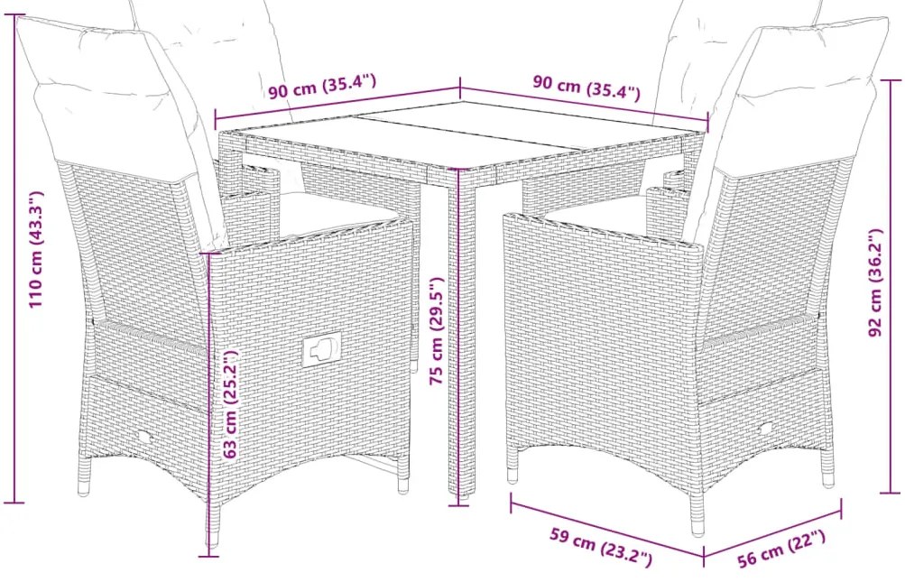 5 pcs conjunto de jantar p/ jardim com almofadões vime PE bege