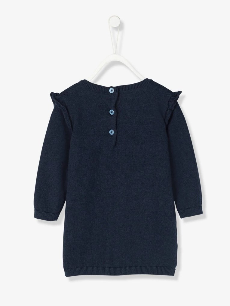 Vestido para bebé em tricot com bordado cão azul-escuro