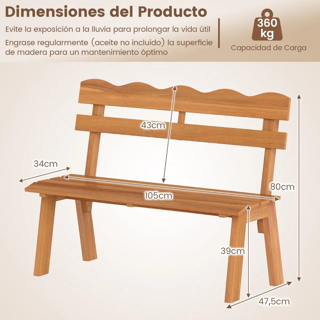 Banco de jardim 47,5 x 105 x 80 cm em madeira de acácia para exterior, 360 kg, 2 pessoas, encosto ondulado, assento com ripas, varanda, alpendre Natur
