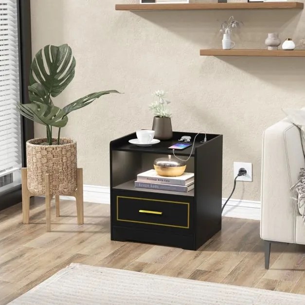 Mesa de cabeceira LED com Estante Gaveta Porta USB 3 Cores de Luz e Iluminação Ajustável para Quarto 45 x 40 x 50 cm Preto