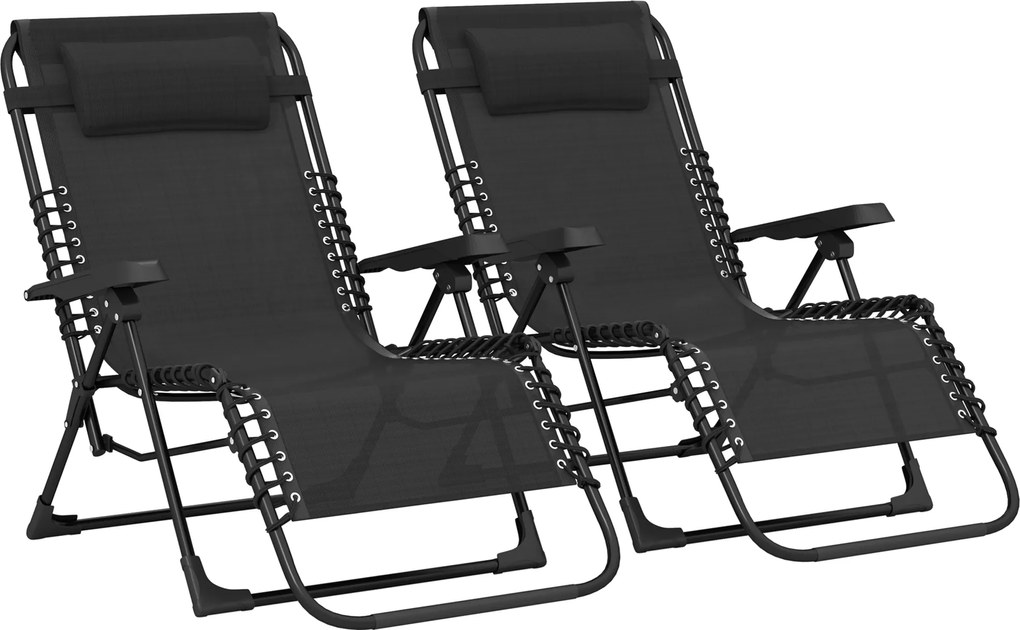 Outsunny Conjunto de 2 Espreguiçadeiras Chaise Longue Dobrável Inclinável com Apoio de Cabeça em Textilene 90x65x112 cm Preto | Aosom Portugal