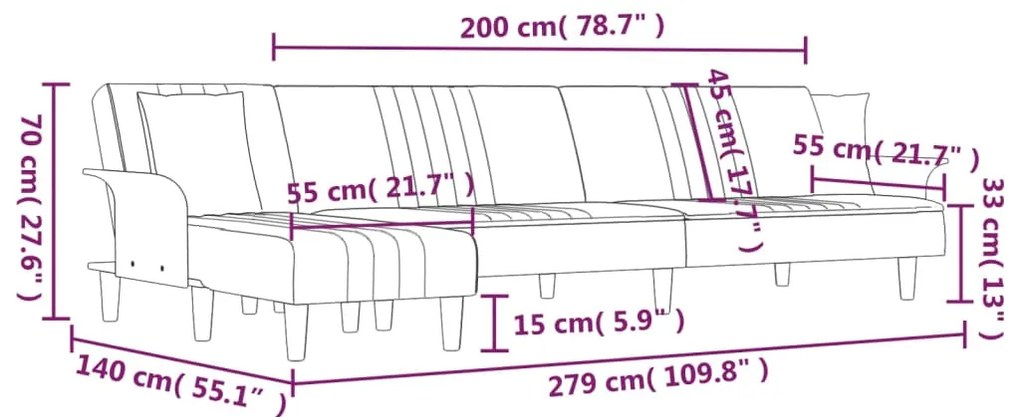 Sofá-cama em forma de L 279x140x70 cm tecido cinzento-claro