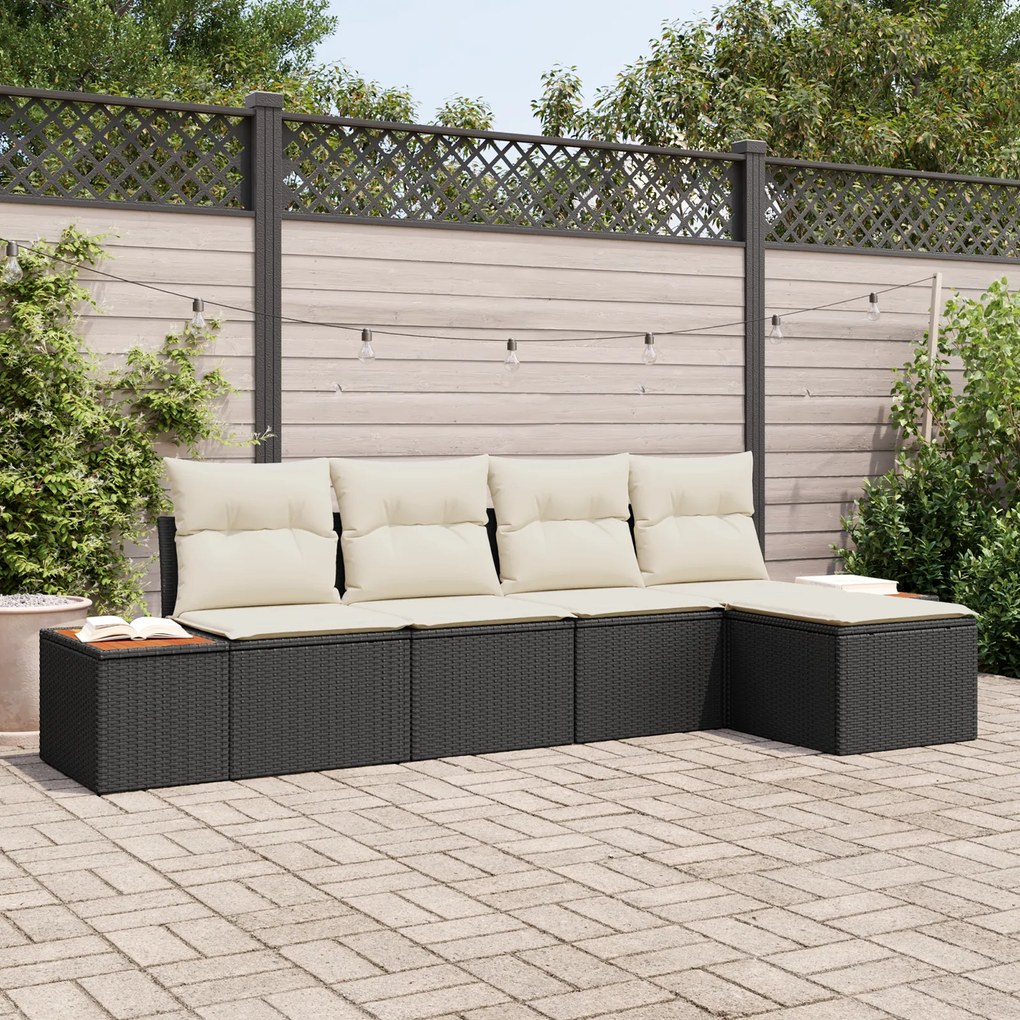 Conjunto de Sofá de Jardim vidaXL 5 Peças com Almofadas Preto Rattan Poliéster Acácia