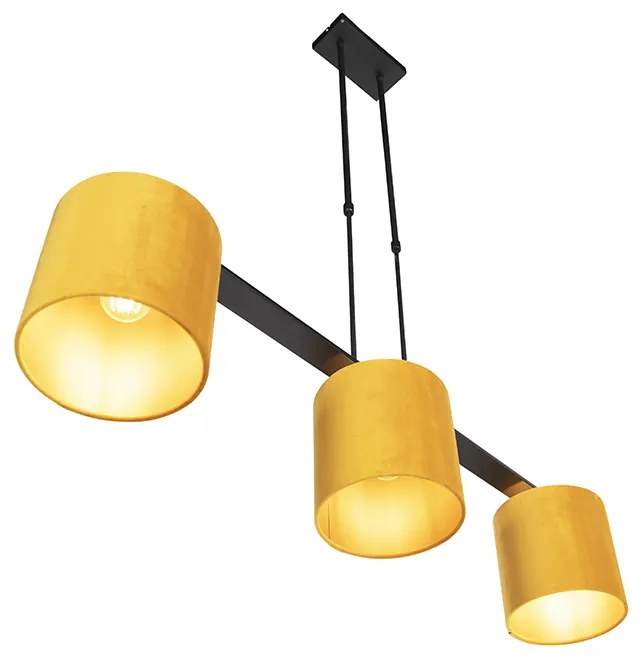 Candeeiro de suspensão com abajures de veludo amarelo com dourado 20cm - Combi 3 Deluxe Country / Rústico,Moderno
