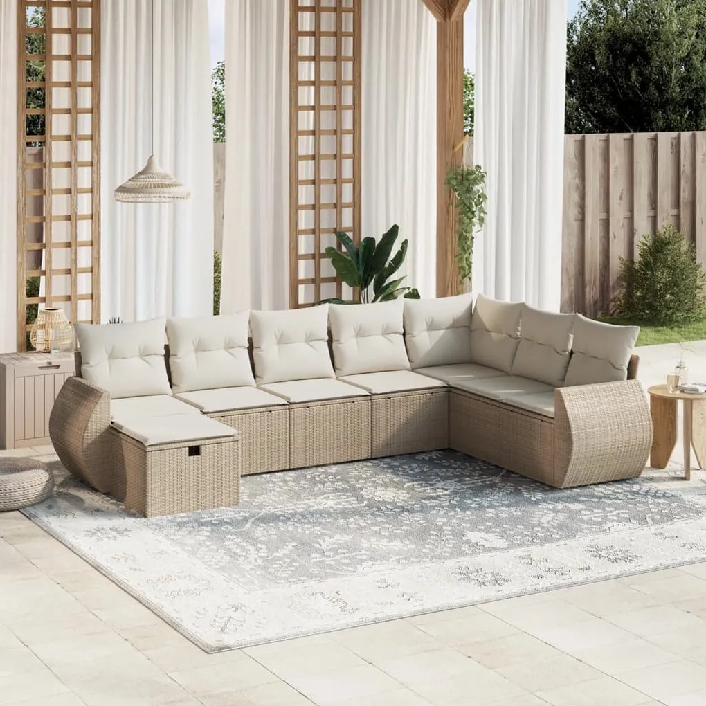8 pcs conjunto de sofás p/ jardim com almofadões vime PE bege