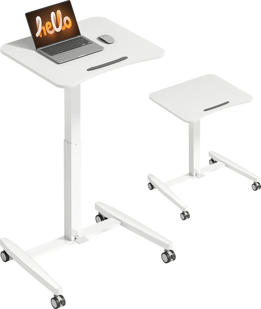 Secretária para trabalhar em pé com altura ajustável 60,5 x 52 x 75-114 cm, tampo inclinável, Rodas e estrutura em aço branco