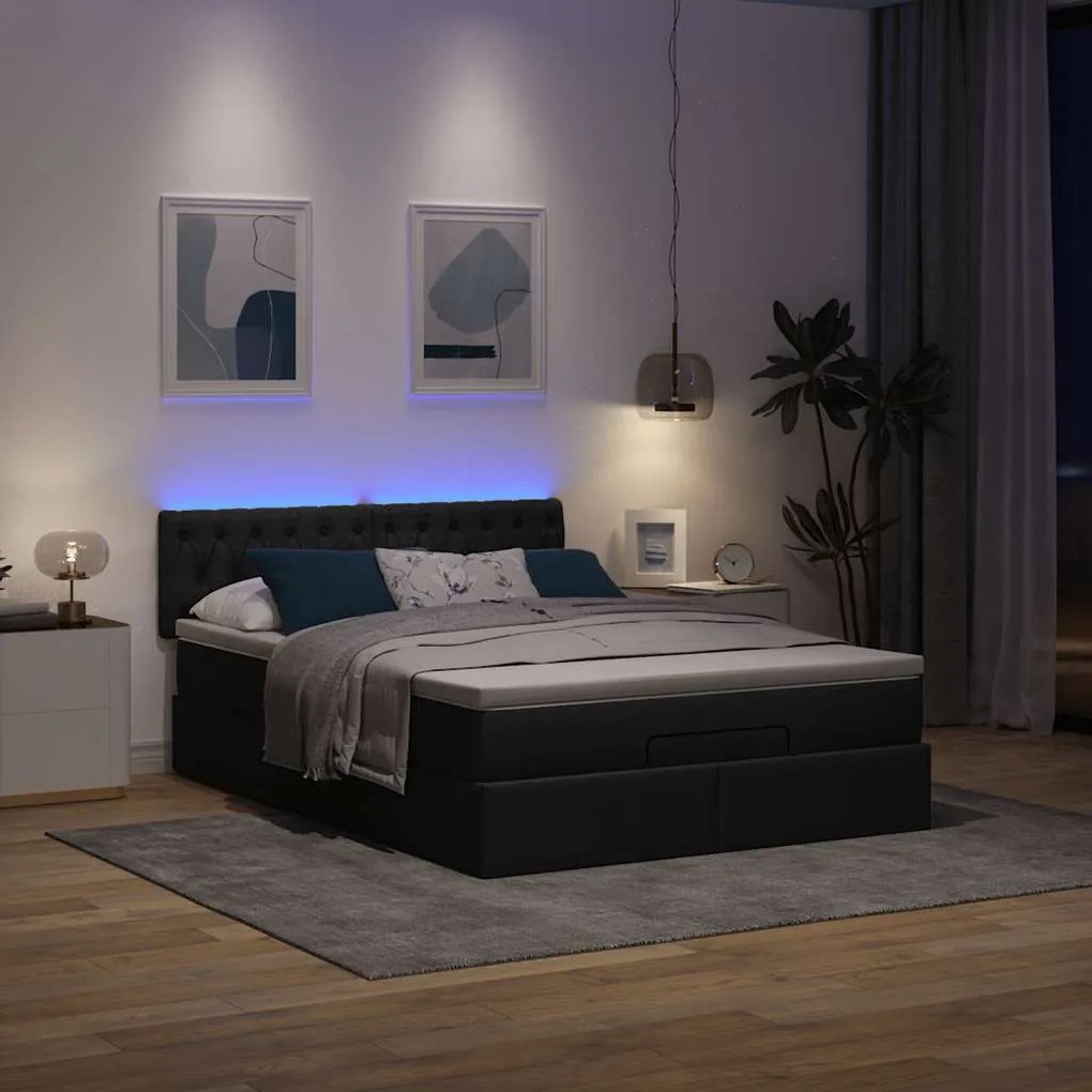 Cama Otomana com Colchão &amp; LEDs Preto 140x200 cm Tecido