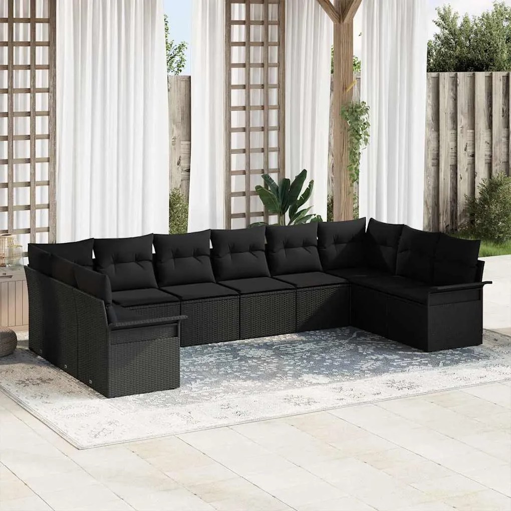vidaXL Conjunto de sofá de jardim com 10 peças e almofadas em rattan sintético preto.