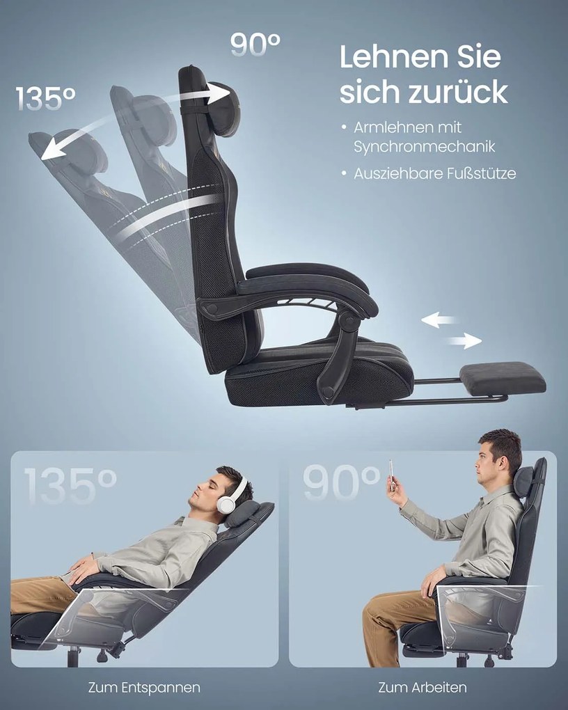 Cadeira ergonómica gaming/escritório com apoio para os pés e almofada de molas Preta