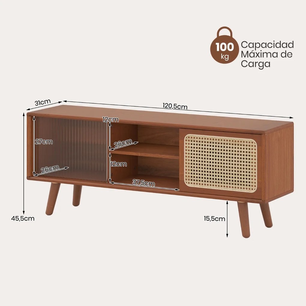 Móvel de TV moderno 120,5 x 31 x 45,5 cm em bambu até 55'' com Portas deslizantes em vime Prateleira Castanho