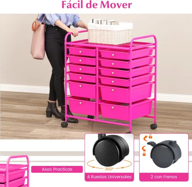 Carrinho auxiliar com rodas e 12 gavetas empilháveis 64 x 38 x 75 cm com estrutura metálica para cozinha, escritório e casa de banho Rosa