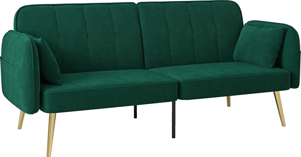 Sofá-cama de 2 lugares, 180 x 74 x 79,5 cm em tecido de veludo com encosto ajustável, verde escuro