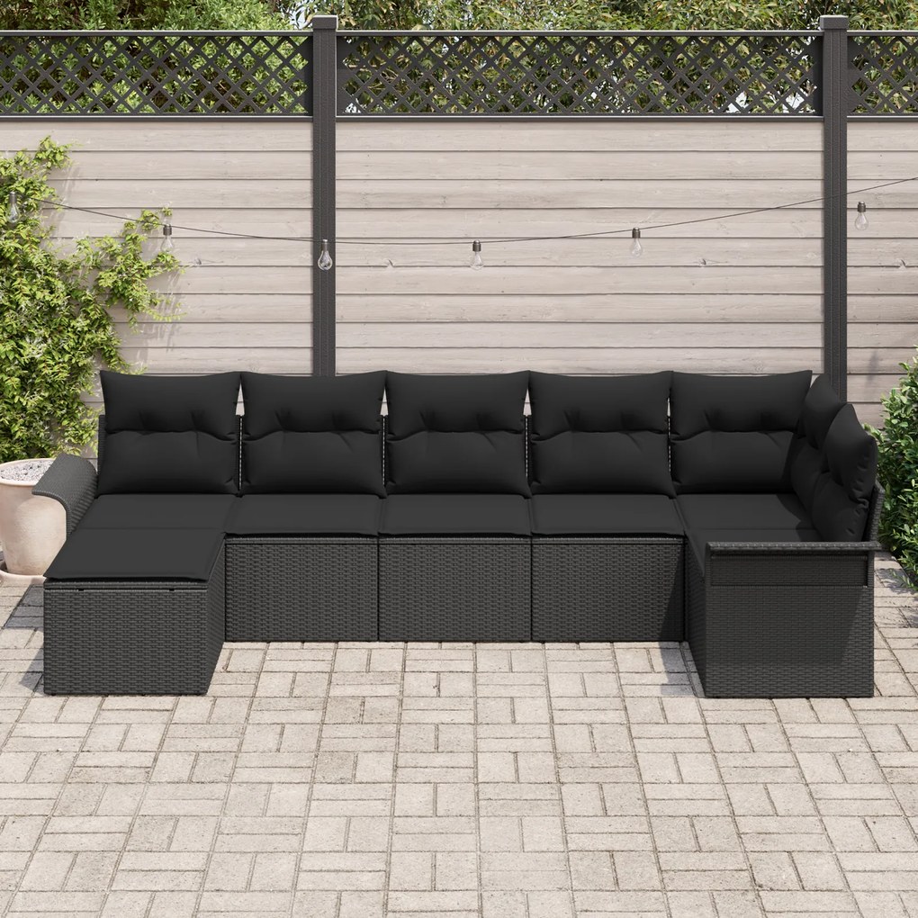 Conjunto de Sofá de Jardim vidaXL 7 Peças com Almofadas Preto Rattan P