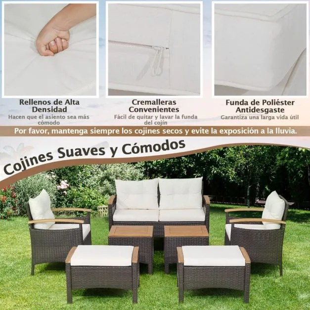 Conjunto de jardim de 7 peças em rattan com almofadas 2 Pufes e 2 mesas Tampo da mesa e apoios de braços Castanho misto e Branco
