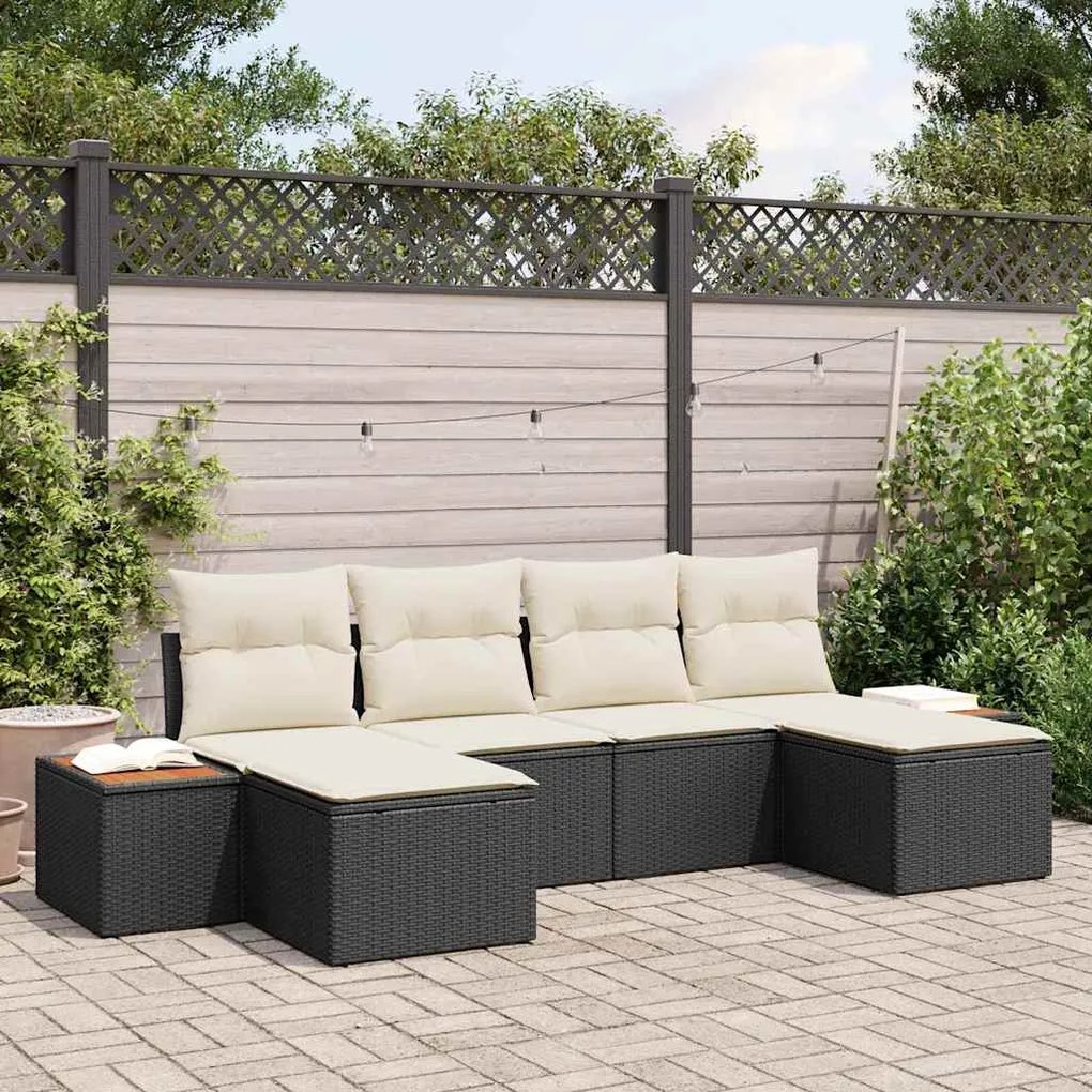 Conjunto de Sofá de Jardim de 6 Peças com Almofadas Preto Rattan PE Ac