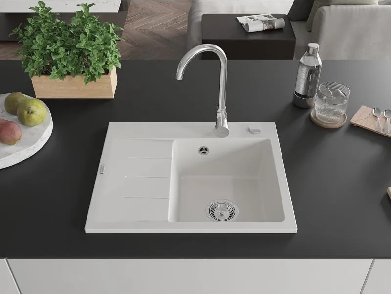 Mexen Ben lava-louça de granito 1-cuba com escorredor, direito 600 x 500 mm, branco, sifão cromado - 6523605000-20