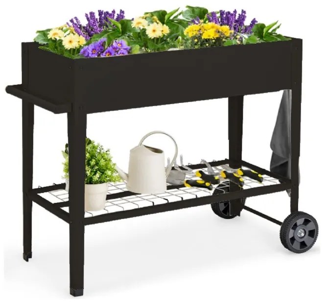 Canteiro de jardim elevado de metal com prateleira de armazenamento, ganchos para pendurar e rodas - marrom claro