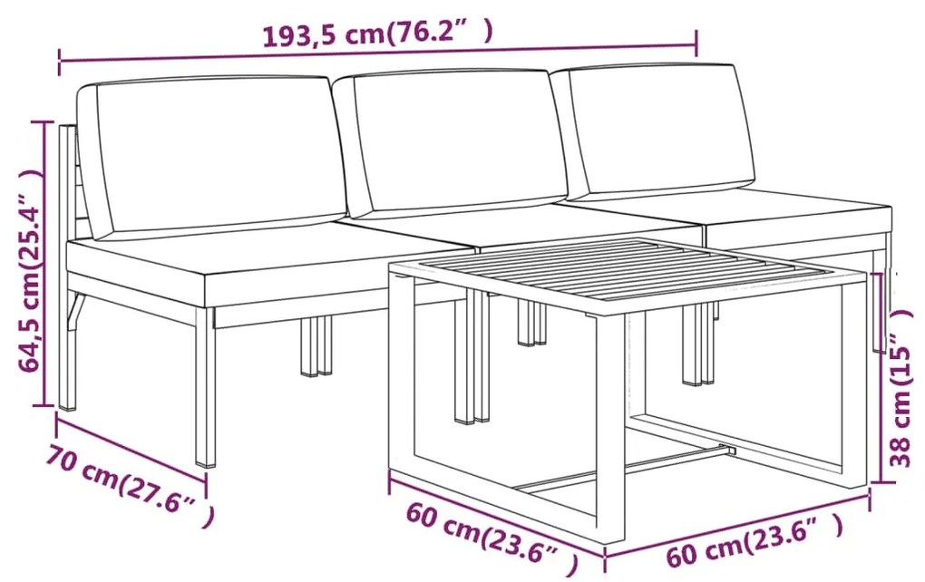 4 pcs conjunto lounge jardim com almofadões alumínio antracite