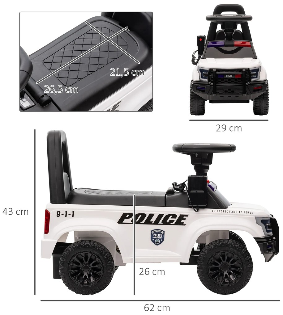 HOMCOM Carro Andador de Policia para Bebé de 18-60 Meses Carro sem Pedais com Buzina Megafone Compartimento de Armazenamento e Encosto Removível 62x29x43cm Branco