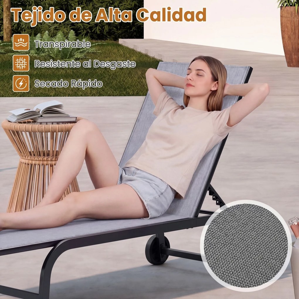 Espreguiçadeira de jardim com rodas 190-164 x 69 x 36-101 cm, encosto ajustável em 6 posições, Estrutura metálica, capacidade de 150 kg, para pátio, t