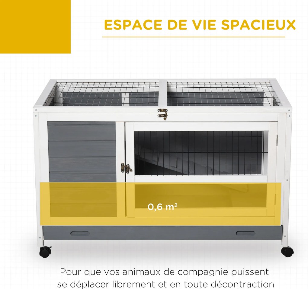 Coelheira de madeira para coelhos 102 C x 60 L x 63,5 A cm, modelo «villa», com tabuleiro deslizante, porta com fechadura e tampa que se abre, na cor