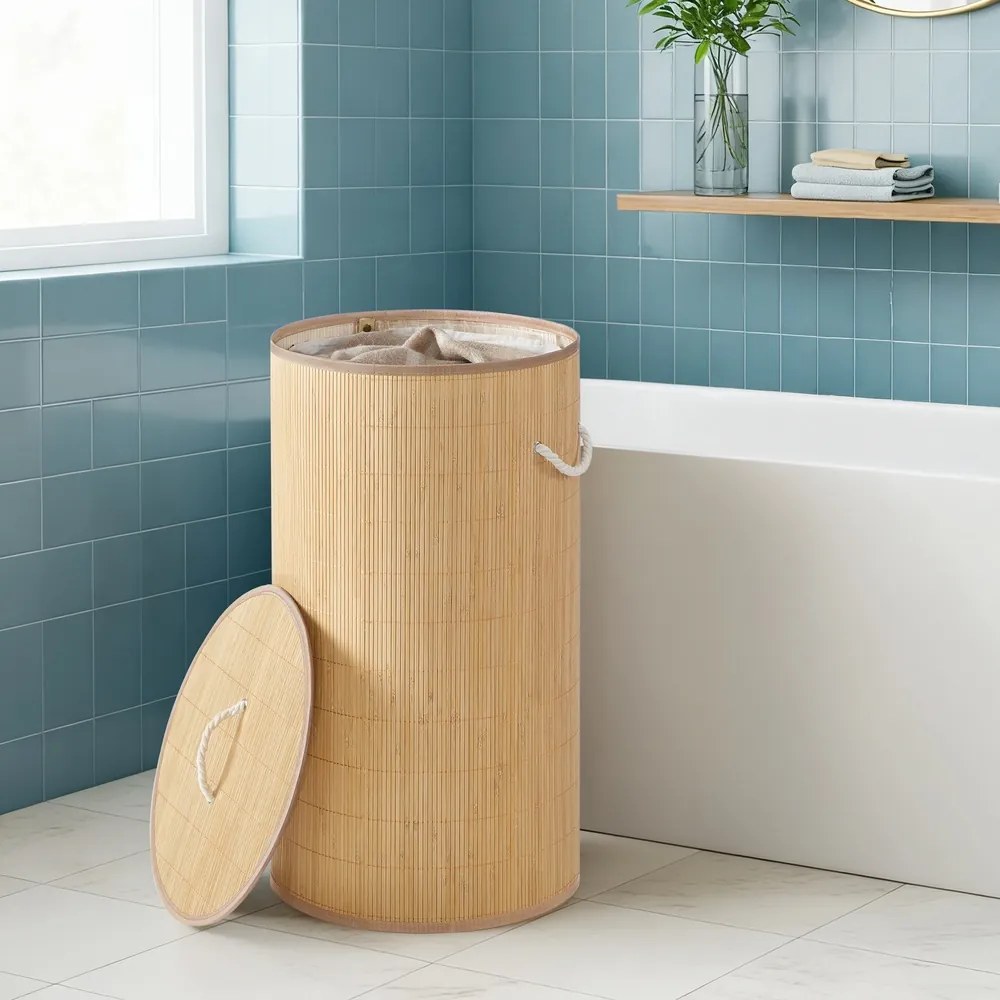 Cesto da roupa suja com tampa, 90 L, cesto de bambu natural