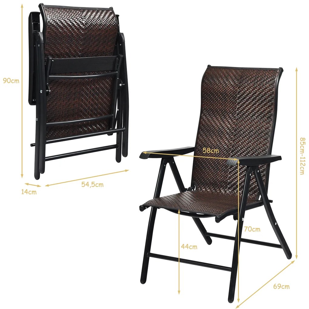 2 Cadeiras de jardim Dobráveis de Rattan Cadeiras de Vime Portáteis de Altura Ajustável para Jardim Varanda Exterior 69 x 58 x 85-112 cm Castanho/Pret